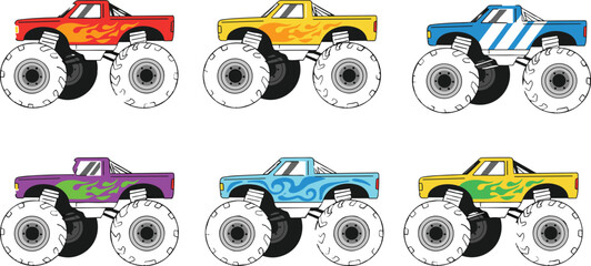 Monster truck collection with oversized tires and flame graphics flat vector set © MDABULKALAM