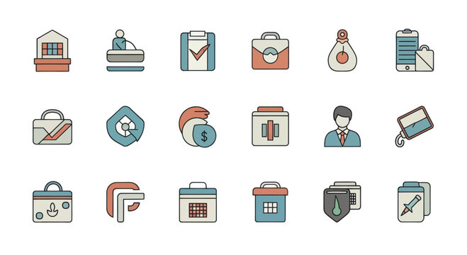 Business Icons Set: Finance, Office, Security, Management, and Startup Concepts