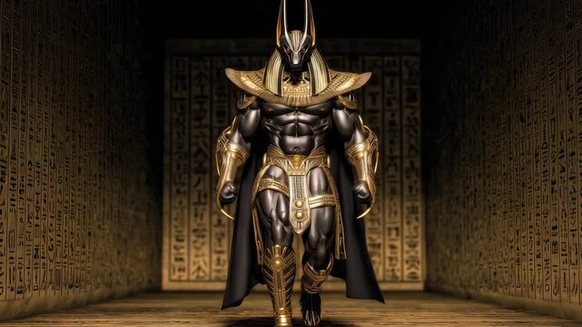 Anubis, the ancient Egyptian god of the afterlife, moves through a dark tomb filled with hieroglyphics
