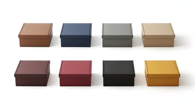 Eight small, rectangular boxes in various colors, including brown, blue, gray, beige, maroon, red, black, and gold, arranged in two rows of four on a white background.