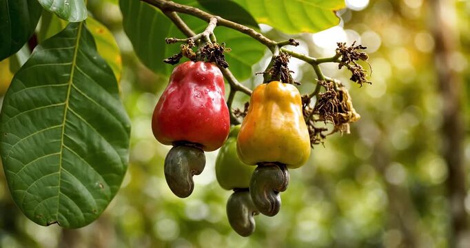 Ripe red and yellow cashew apples with nuts hanging naturally on a tree branch in bright outdoor daylight.