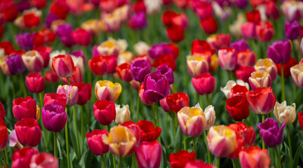 Obraz premium Multicolored blossoms spring. Fresh tulip field in natural spring light. Spring meadow full of tulip flowers. Multicolored tulips in outdoor spring garden.