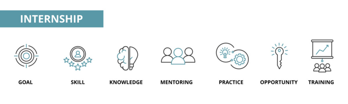 Internship icon set in dual color outline style with goal, skill, knowledge, mentoring, practice, opportunity, and training