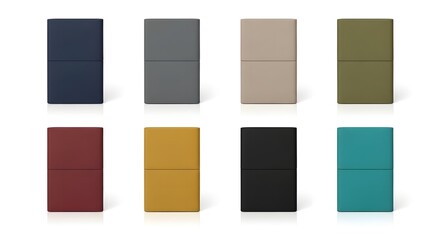 Obraz premium Eight vibrantly colored rectangular blocks arranged in two rows of four, showcasing diverse hues from navy blue to teal.