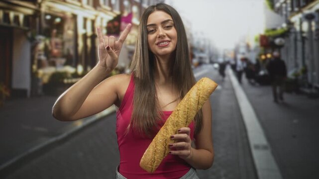 Woman holding a baguette and making horns hand gesture on a street in front of storefronts; playful confidence.