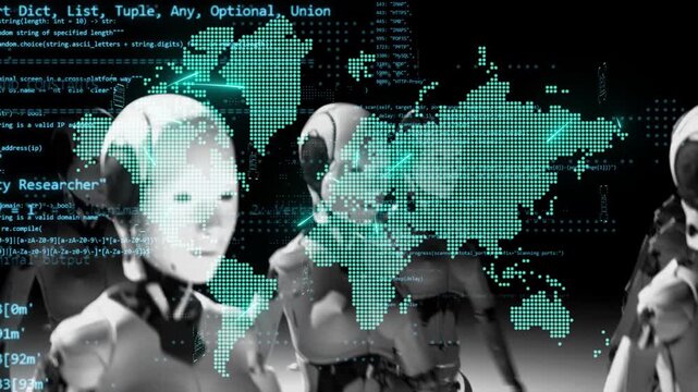 World map animation with spreading some high technology global. Humanoid A.i. robots in background ready working