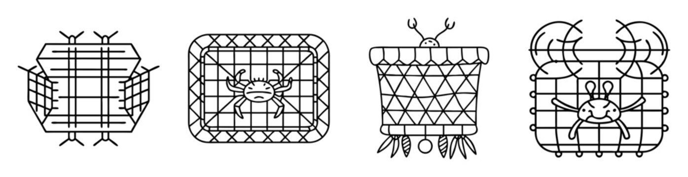Four stylized crab traps with crabs inside, showcasing different designs