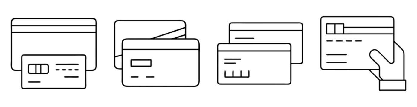 Line art illustration showcasing various credit card designs and payment methods