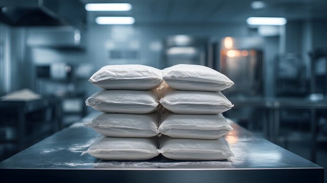 Neatly organized stack of flour packages on table.