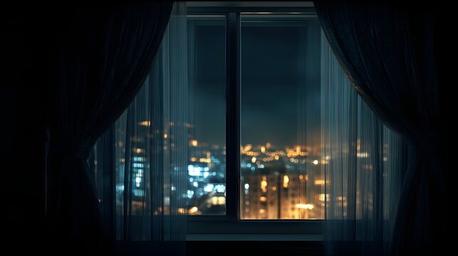 Night city view through window with curtains and glowing lights.
