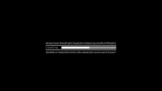 Futuristic loading screen overlay with white progress bar and random encrypted text, perfect for tech or cyber themes.