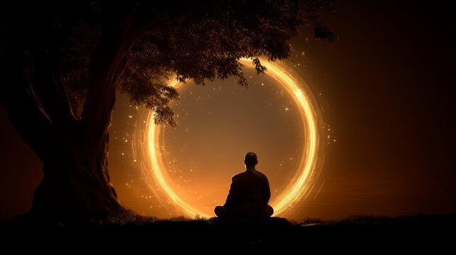 A serene silhouette of a meditator under a mystical tree framed by an ethereal glowing circle creating a peaceful ambiance in a digital dreamscape. Generative AI