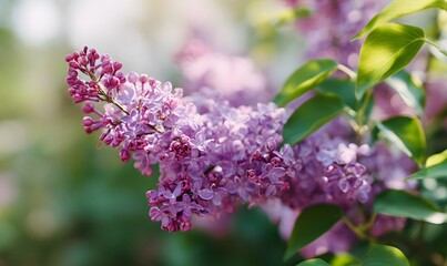 Obraz premium Purple lilac flowers blossom in garden, spring background