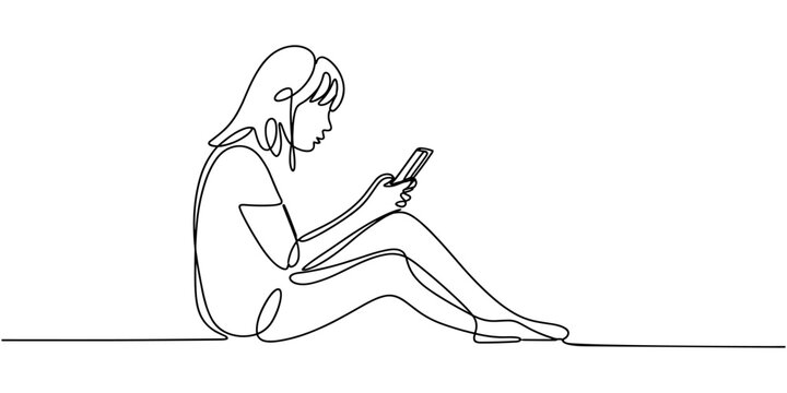 Single one line drawing young girls sitting and looking at their smartphone screen. Hangouts With Friends concept. Continuous line draw design graphic vector illustration.