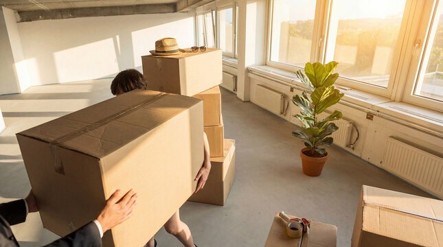 Two people carrying large cardboard boxes, moving into a sunlit, spacious empty office space for a new business venture.