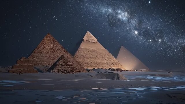 Ancient Pyramids of Giza Under Milky Way Starry Night Sky