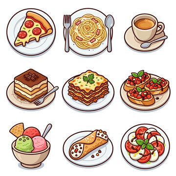 Italian food icons including pizza and pasta isolated on white vector illustration