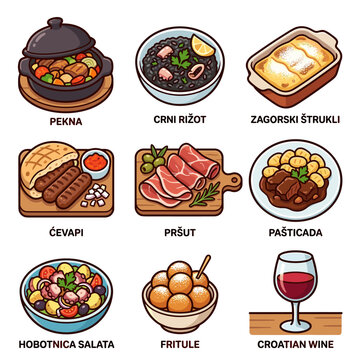 Set of traditional Croatian cuisine icons isolated on white background vector illustration