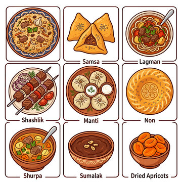 Traditional Central Asian and Uzbek cuisine dishes set vector illustration