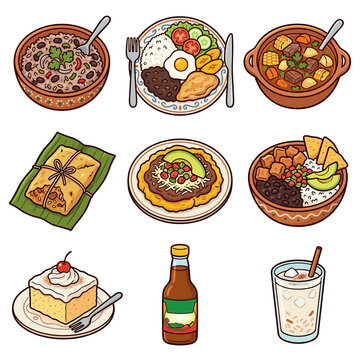 Traditional Latin American food collection with gallo pinto and tamale vector illustration