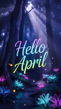Hello April Colorful Script Text in Mystic Forest with Neon Glowing Flowers Light Rays Spring Wallpaper