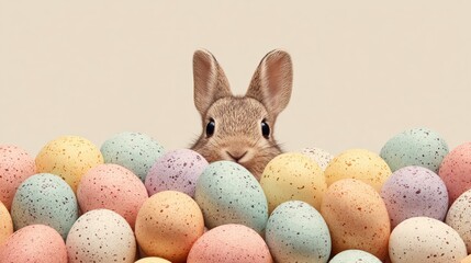 Obraz premium Rabbit hiding among colorful Easter eggs in a bright setting