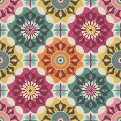 Fototapeta premium vector illustration hires Collection of High-Resolution Abstract Seamless ornament Patterns with Diverse Designs and Textures Mediterranean Tile Pattern with Colorful Floral Mandalas and Geometric