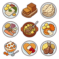 Traditional Norwegian food dishes collection isolated on white background vector illustration