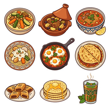 Traditional Moroccan and North African food collection vector illustration isolated on white