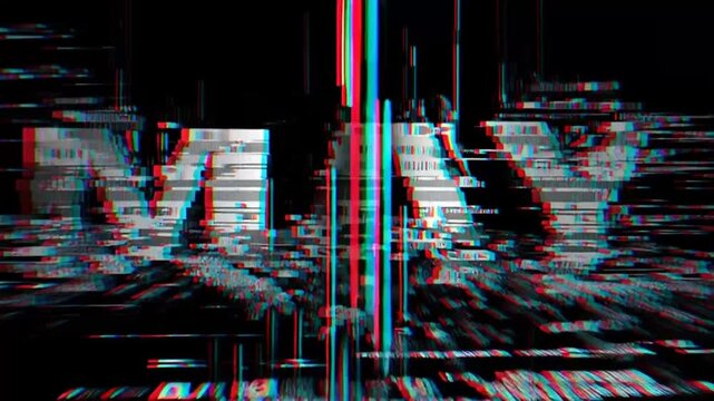 Glitchy distorted video screen display.