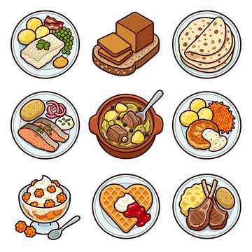 Traditional Norwegian food dishes collection isolated on white background vector illustration
