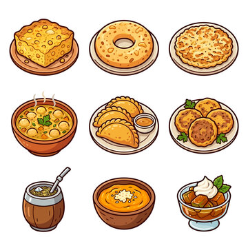 Traditional Paraguayan and South American food icons set isolated on white background illustration
