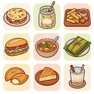 Traditional Salvadoran food icon set with pupusa and horchata vector illustration