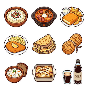 Traditional Slovak cuisine set isolated on white background including halusky and kapustnica vector illustration