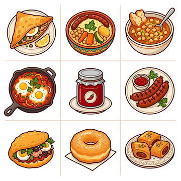 Traditional Tunisian food set with shakshuka couscous and brik vector illustration