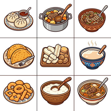 Assorted traditional Central Asian and Mongolian food icons set in flat vector illustration