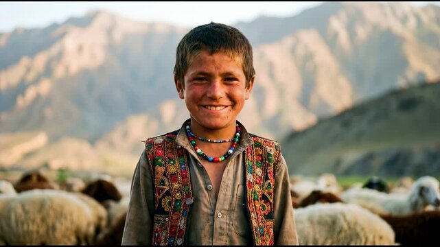shepherd boy child smiling sheep flock mountain rural traditional portrait joyful herder embroidered ethnic vest depicting authentic carefree pastoral childhood and traditional cultural heritage