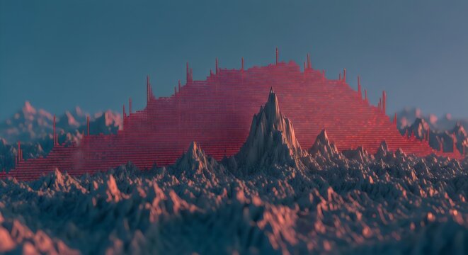 Mist covered red grass sways in the wind across a sunset mountain landscape under a glowing sky with clouds over the valley