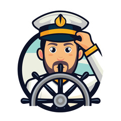 Obraz premium Friendly bearded ship captain saluting confidently while steering a vessel with a wheel