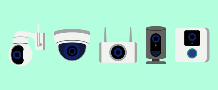 Home Security Systems and CCTV Surveillance Camera Icons Set, Wireless Smart Monitoring Devices and Video Doorbell Vector Symbols for Protection