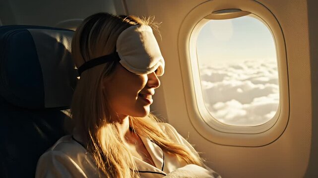 Woman sleeping with mask on airplane flight. Young female passenger resting during travel. Sleeping woman enjoys comfort on airplane. Travel mask helps woman sleep well. Airplane flight brings peace.