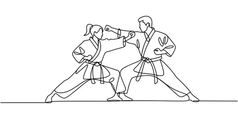 Continuous single line sketch drawing of young man and woman confident karateka in kimono practicing fight karate combat. One line traditional martial art sport training concept Vector illustration © Sahor