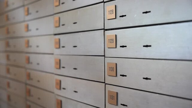 Rows of vintage yellow safe deposit boxes in old bank vault. Close-up of numbered metal lockers for securing valuables and money in a secret treasury.