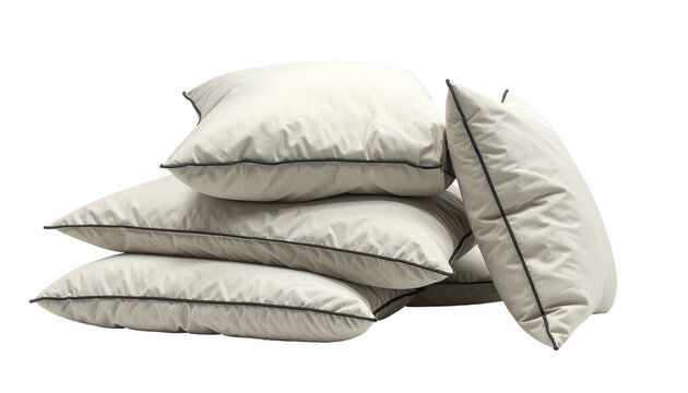 A stack of five off-white square pillows with dark blue piping against a black background