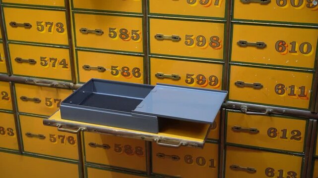 Rows of vintage yellow safe deposit boxes in old bank vault. Close-up of numbered metal lockers for securing valuables and money in a secret treasury.