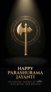 Golden axe on ornate circle with happy parashurama jayanti text