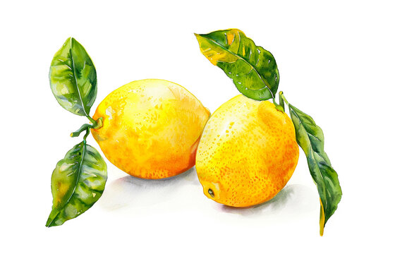 Two Watercolor lemons fruit illustration isolated on white background. Hand drawn whole yellow citrus. Detailed botanical sketch.