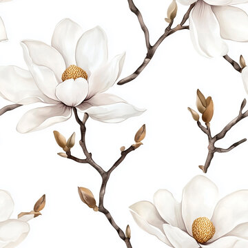 Seamless watercolor pattern with white magnolia flowers on branches.