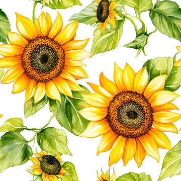 Seamless watercolor pattern with large yellow sunflowers.