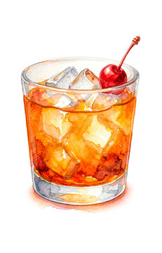 Watercolor Whiskey Sour cocktail illustration isolated on white background.